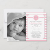 Rosa Streifen Girl Foto Taufe Einladung (Vorderseite)
