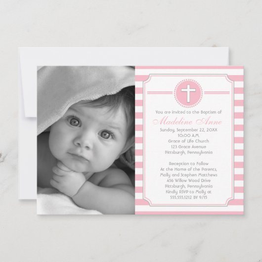 Rosa Streifen Girl Foto Taufe Einladung (Vorderseite)