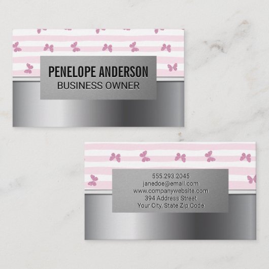Rosa Streifen | Glitzer Schmetterlinge | Silbermet Visitenkarte (Vorne/Hinten)