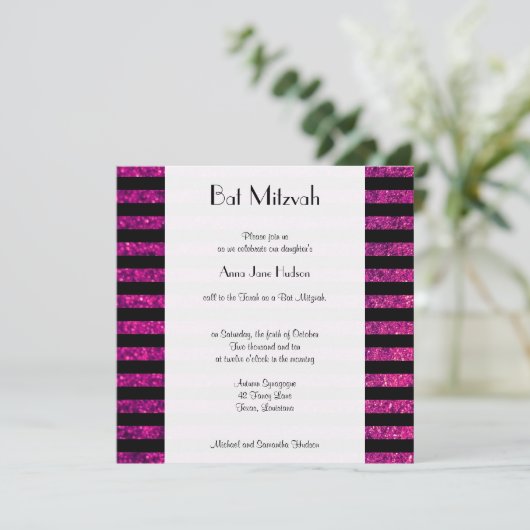 Rosa Streifen, Glitzer Streifen, Linien, Bat Mitzv Einladung (Stehend Vorderseite)