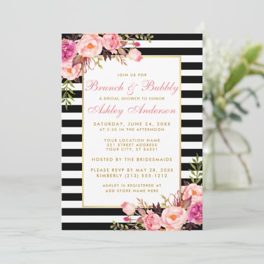 Rosa Streifen Gold Brautparty Brunch Einladung (Stehend Vorderseite)