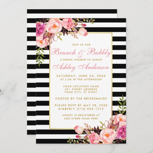 Rosa Streifen Gold Brautparty Brunch Einladung (Vorne/Hinten)