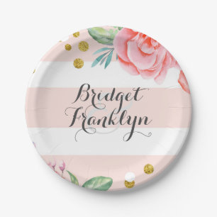 Rosa Streifen Gold Confetti Wasserfarben Blume Pappteller