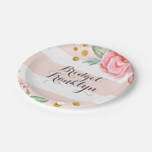 Rosa Streifen Gold Confetti Wasserfarben Blume Pappteller (Schrägansicht)