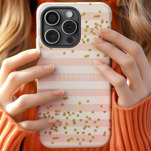 Rosa Streifen Gold Glitter Konfetti Monogramm iPhone 15 Hülle