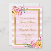 Rosa Streifen Gold Rahmen Blume Brautparty Einladung (Vorderseite)