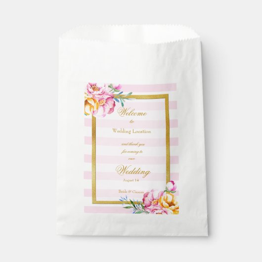 Rosa Streifen Gold Rahmen Blume Hochzeit Geschenktütchen (Vorderseite)