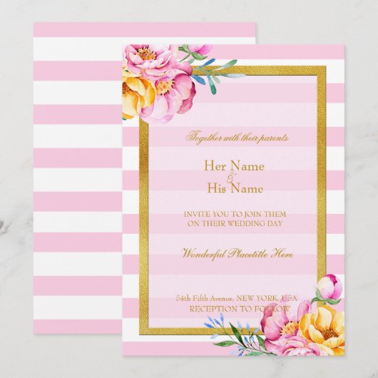 Rosa Streifen Gold Rahmen Blume Hochzeitsfeiern Einladung (Vorne/Hinten)