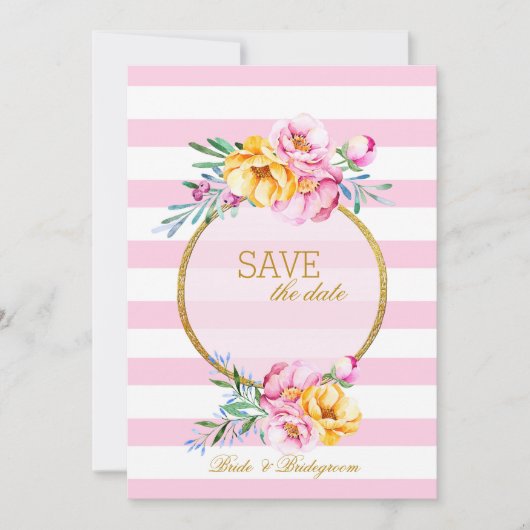 Rosa Streifen Gold Rahmen Blume Save the Date (Vorderseite)