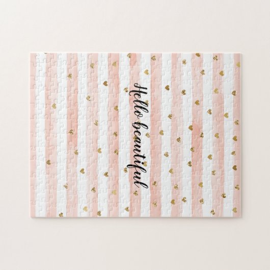 Rosa Streifen - goldene Herzen Puzzle (Horizontal)