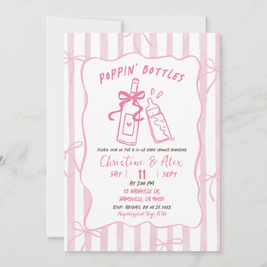 Rosa Streifen handgezogen Poppin Flaschen Babydusc Einladung (Vorderseite)
