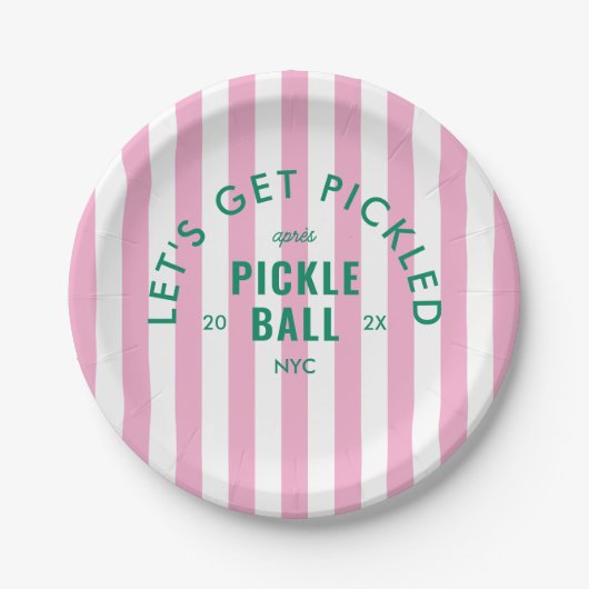 Rosa Streifen Let's Get Pickled Après Pickleball Pappteller (Vorderseite)