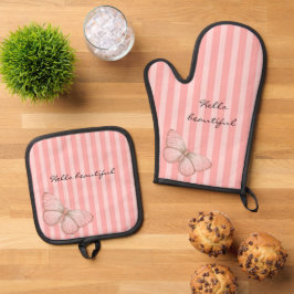 Rosa Streifen mit Schmetterling Ofenhandschuh & Topflappen-Set