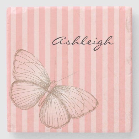 Rosa Streifen mit Schmetterling Steinuntersetzer (Vorderseite)