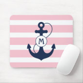 Rosa Streifen mit Seeanker und Monogramm Mousepad (Mit Mouse)