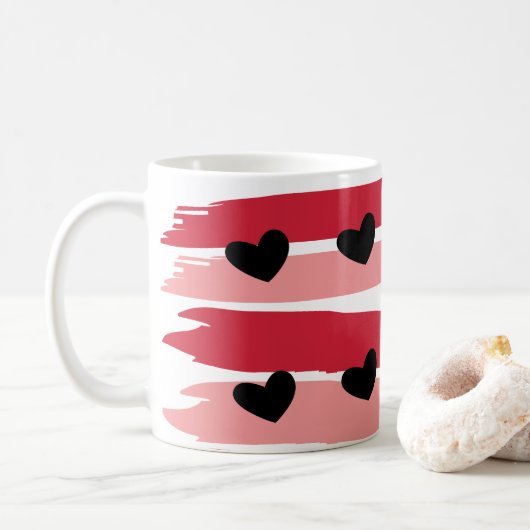Rosa Streifen Muster Schwarze Herzen Kaffeetasse (Mit Donut)