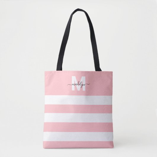 Rosa Streifen Name Mit Monogramm Tasche (Vorderseite)