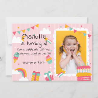 Rosa Streifen Rainbows und Kuchen Geburtstag Einladung
