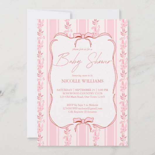 Rosa Streifen Retrobun Ränder elegante Babydusche Einladung (Vorderseite)