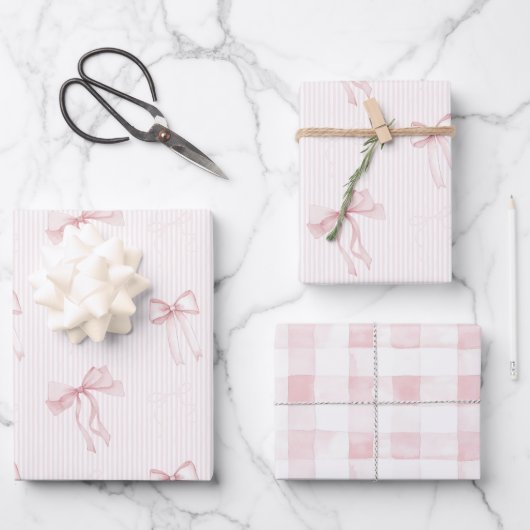 Rosa Streifen Schleifen Karierter Streifen Geburts Geschenkpapier Set (Vorderseite)