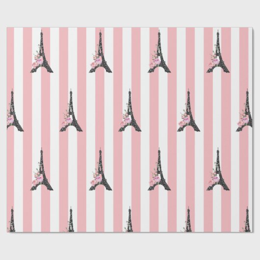 Rosa Streifen schwarz Eiffelturm Paris Thema Geschenkpapier (Flach)
