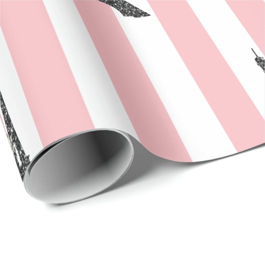Rosa Streifen schwarz Eiffelturm Paris Thema Geschenkpapier (Rolleneckpunkt)