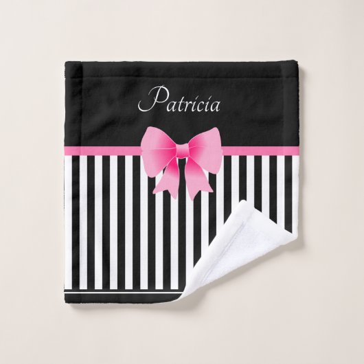 rosa Streifen Schwarz & Weiß Streifen Muster Name Badhandtuch Set (Waschlappen)