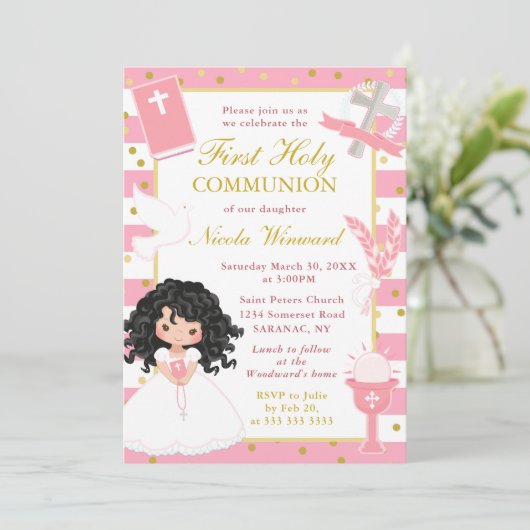 Rosa Streifen Schwarzes Haar Girl Erste Heilige Ko Einladung (Stehend Vorderseite)