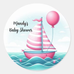 Rosa Streifen-Segelboot-Ballon-Baby-Party Runder Aufkleber
