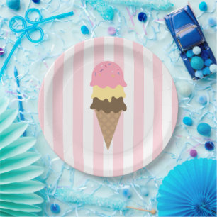 Rosa Streifen Triple Scoop Eiscreme-Party Pappteller