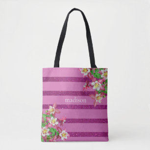 Rosa Streifen und Blume Personalisiert Tasche