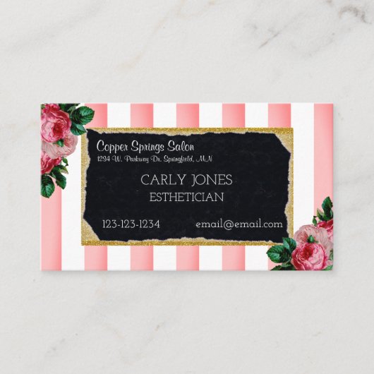 Rosa Streifen und BlumenVisitenkarte Terminkarte (Vorderseite)
