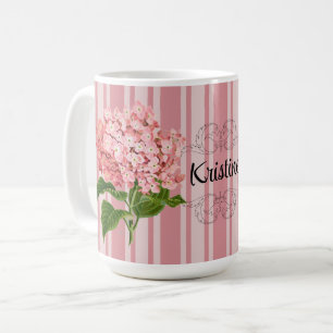 Rosa Streifen und Hortensie fügen einen Namen hinz Kaffeetasse