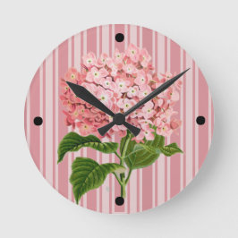 Rosa Streifen und Hortensie Runde Wanduhr