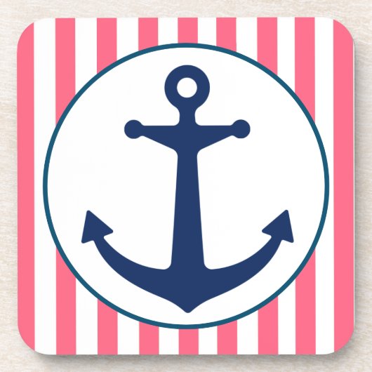 Rosa Streifen und Marineanker Getränkeuntersetzer (Vorderseite)