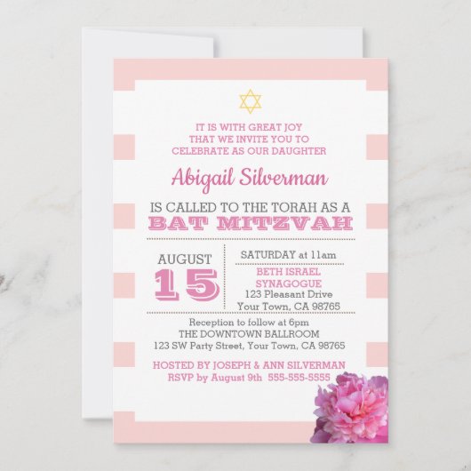Rosa Streifen und Peony Bat Mitzvah Einladung (Vorderseite)