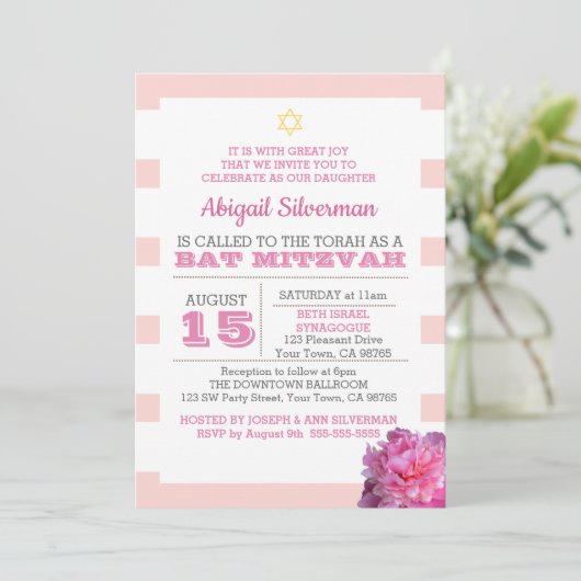 Rosa Streifen und Peony Bat Mitzvah Einladung (Stehend Vorderseite)