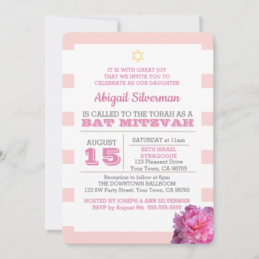 Rosa Streifen und Peony Bat Mitzvah Einladung (Vorderseite)