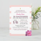 Rosa Streifen und Peony Girl Taufe Einladung (Stehend Vorderseite)