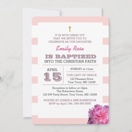 Rosa Streifen und Peony Girl Taufe Einladung (Vorderseite)
