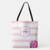 Rosa Streifen und Peony Mit Monogramm Personalisie Tasche (Vorderseite)