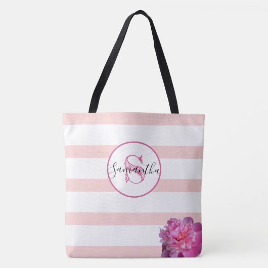 Rosa Streifen und Peony Mit Monogramm Personalisie Tasche (Vorderseite)