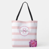 Rosa Streifen und Peony Mit Monogramm Personalisie Tasche (Rückseite)