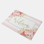 Rosa Streifen und Peonys Blumen Willkommen Türmche Fußmatte (Schrägansicht)