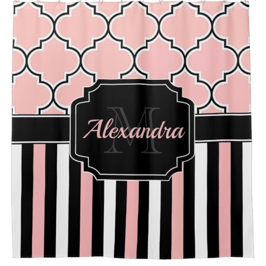 Rosa Streifen und Quatrefolie Duschvorhang (Vorderseite)