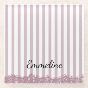 Rosa Streifen und Spitzen Glasuntersetzer