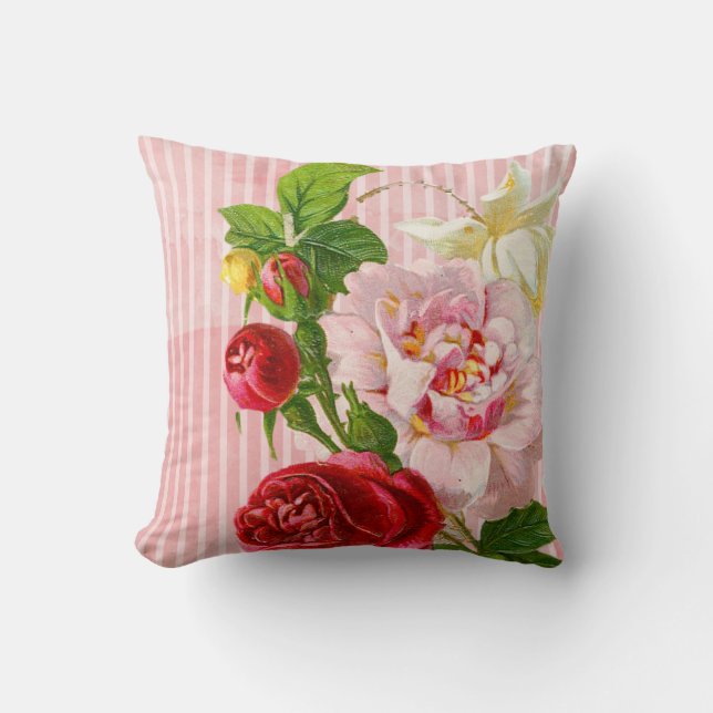 Rosa Streifen und vibrierende Rosen Kissen (Vorderseite)