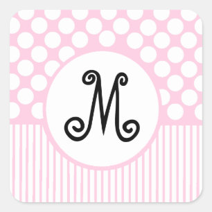 rosa Streifen und weiße Punkte Monogramm Quadratischer Aufkleber