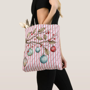 Rosa Streifen Wasserfarben Ornamente Frohe Weihnac Tasche