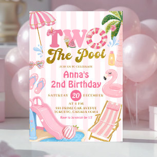 Rosa Streifen ZWEI ZUM Pool-Party-Mädchen-Geburtst Einladung